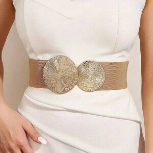 2/$30 NEW Elastic Wide Deep Beige Corset Waist Belt Metallic Snap Buckle Cinched